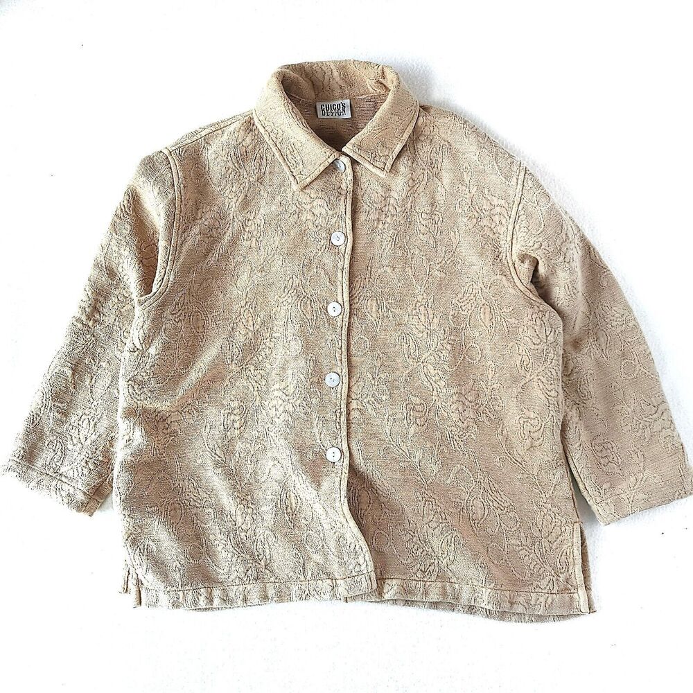 Chico's Top Beige Floral Jacquard XL Women's Vintage Boho Chic Crop Chore‎ Coat